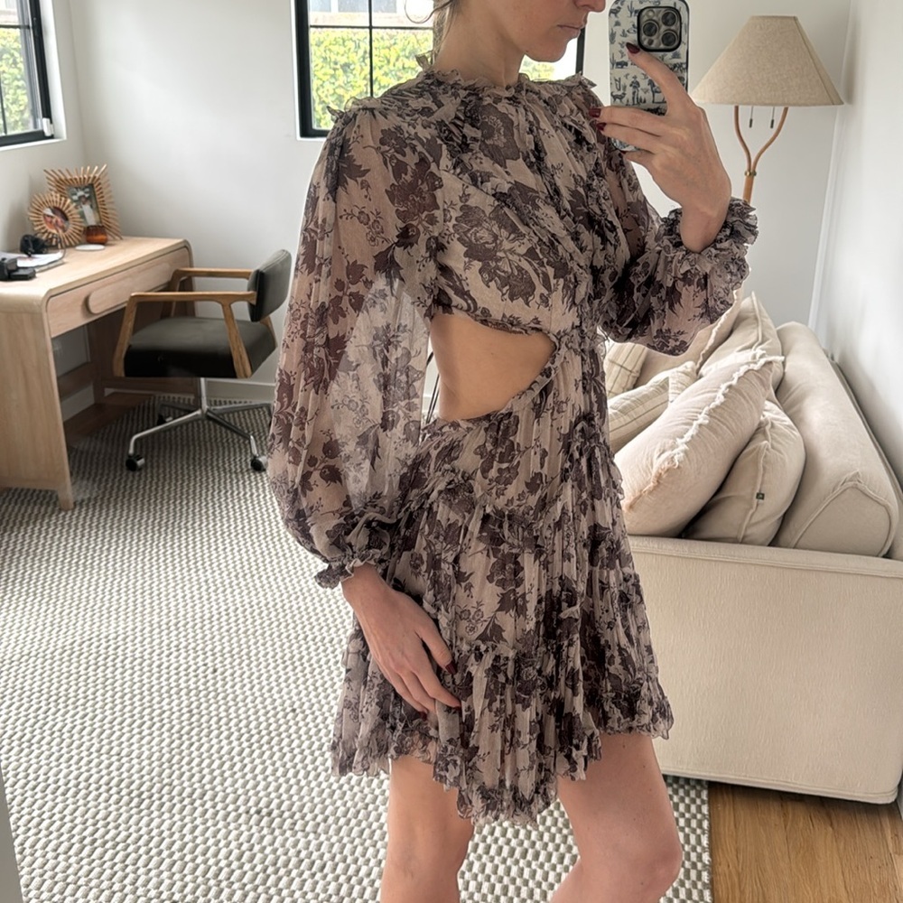 Zimmermann Cream and Brown Floral Ruffle Mini Dress Sz M - Picture 10 of 15